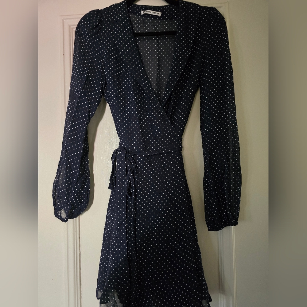 Reformation Navy Blue Polka Dot Wrap Dress